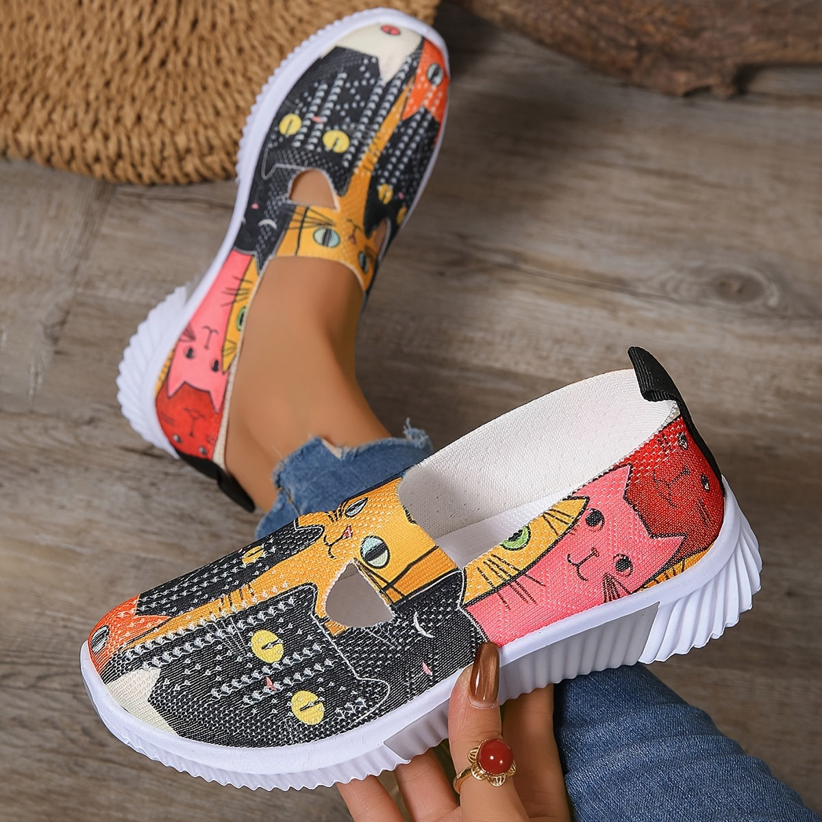 Женские кроссовки с рисунком Cartoon Cat, повседневные легкие летние обувь на slip-on