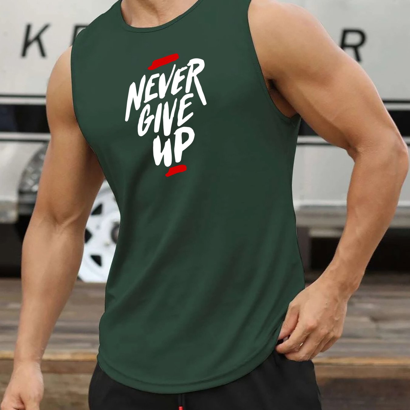 Men's Summer Breathable Polyester Tank Top with "Never Give Up" Print for Workout and Basketball