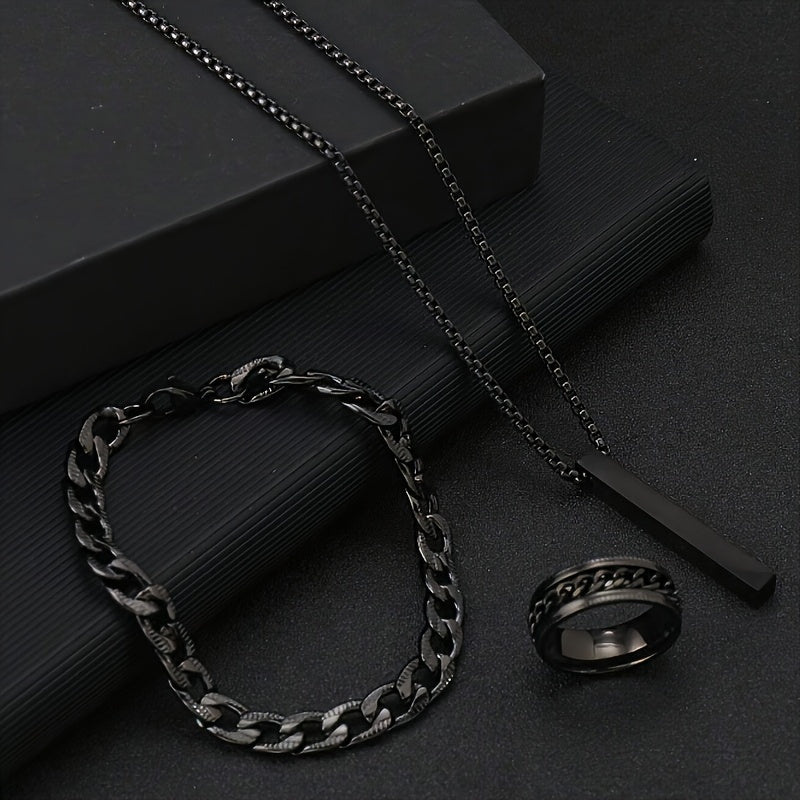 Мужской набор украшений из нержавеющей стали: черный геометрический кулон, ожерелье, браслет, кольцо ко Дню святого Валентина