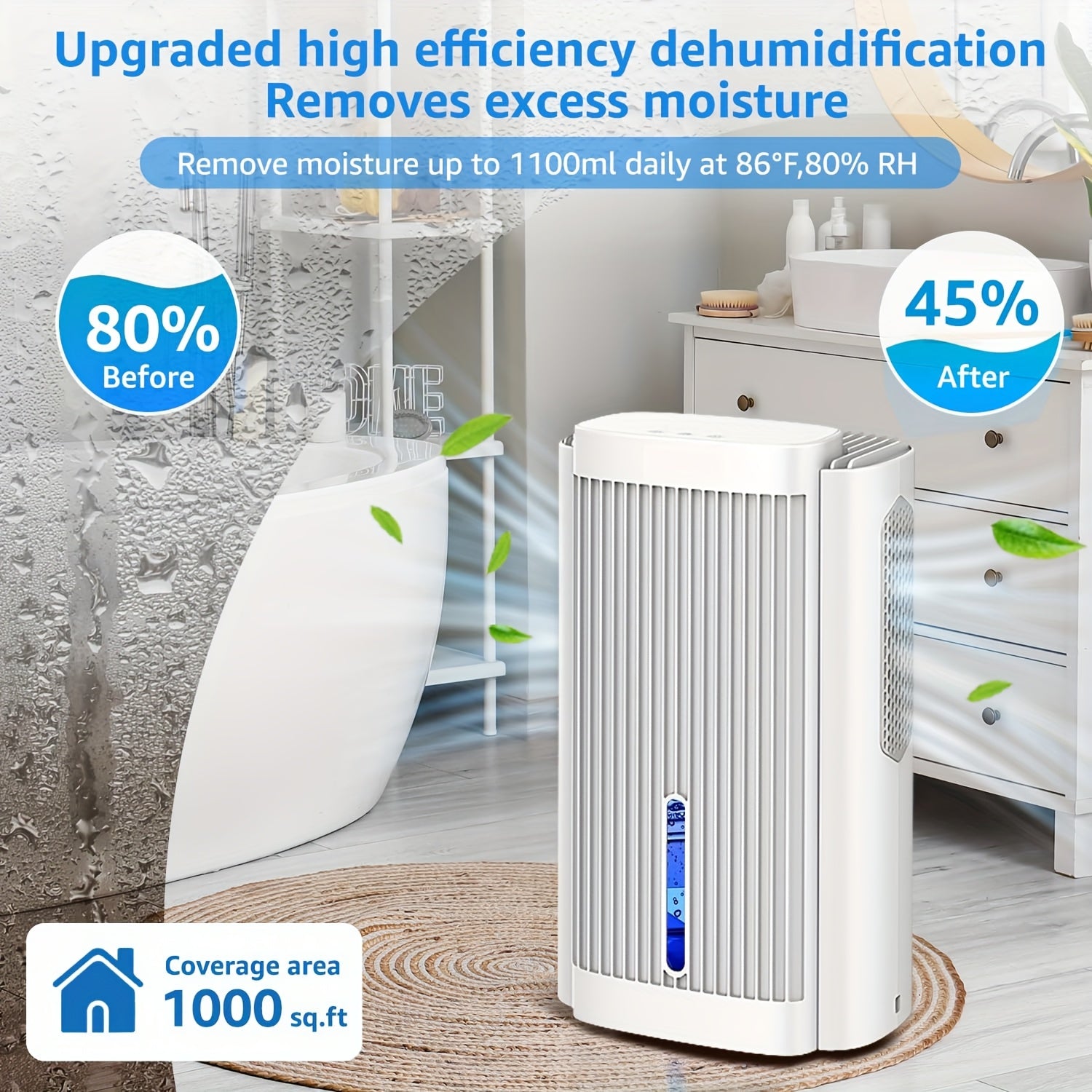 Water Tank Dehumidifier for Home 95oz, 950 sq ft, Sleep Mode, LED Light