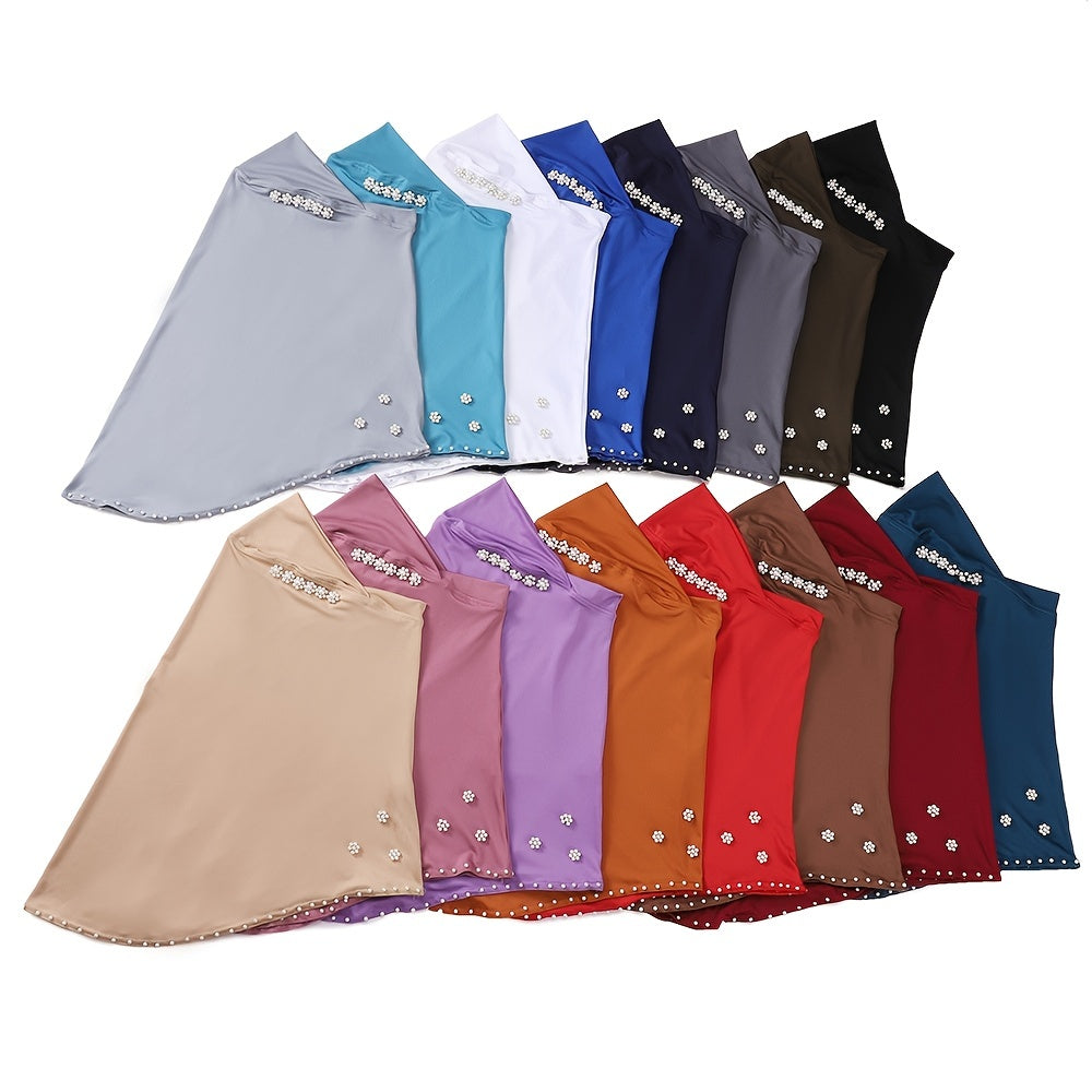 Solid Color Elastic Hijab Scarf with Faux Pearl Decoration for Women