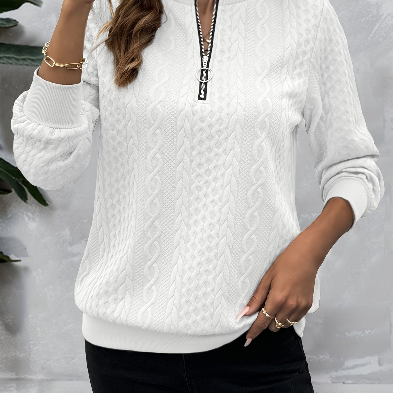 Women's Textured Solid Zip Crew Sweatshirt Fall Winter Polyester Knit Crew Neck