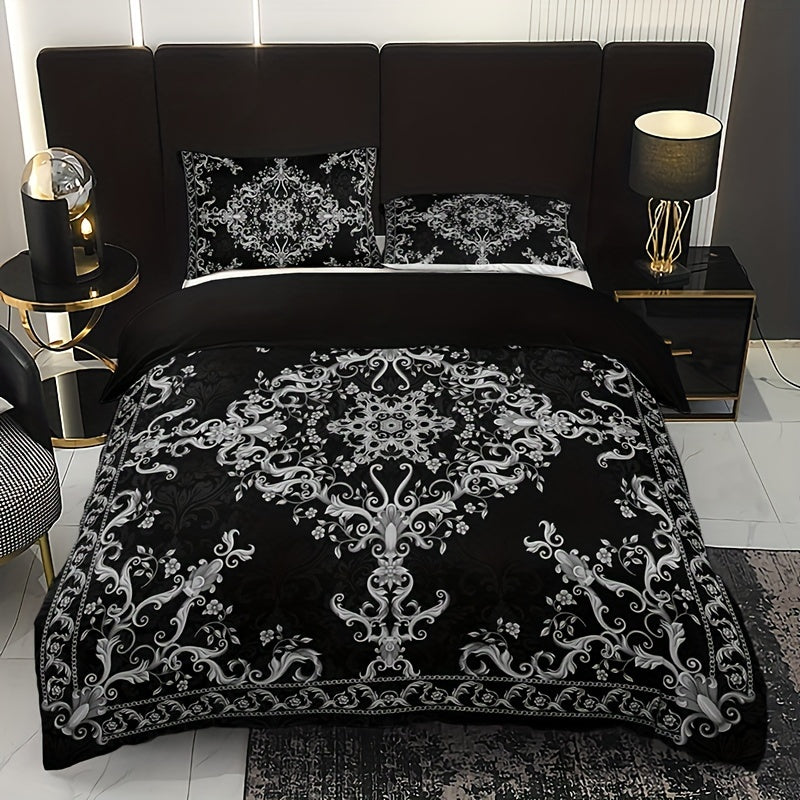 3-Piece Duvet Cover Set with Pillowcases Black and White Damask Digital Print Breathable Polyester All-Season