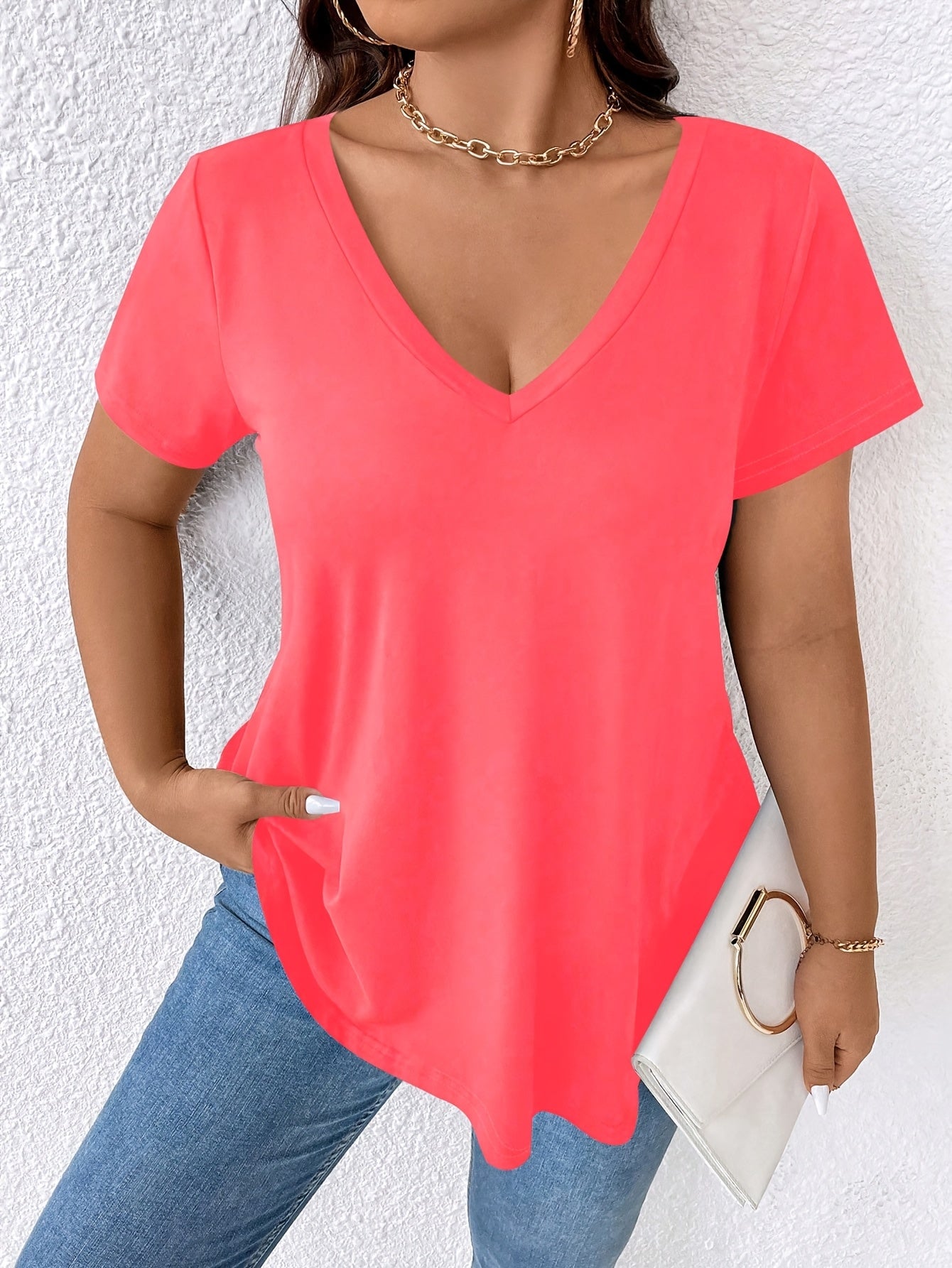 Women’s V-Neck Short Sleeve T-Shirt Soft Stretch Solid Color Casual Top