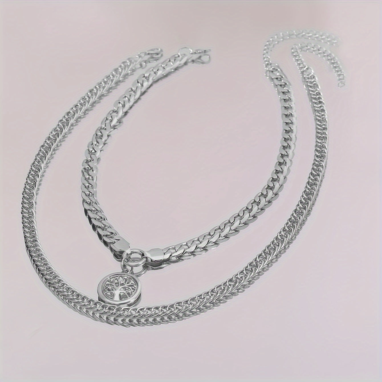 Set of 2 Inlaid Zirconia Tree Pendant Necklaces with Cuban Link Chain for Women