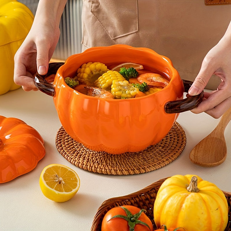 Ceramic Pumpkin-Shaped Soup Pot with Lid and Handles for Stews and Salads