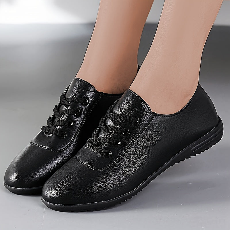 Women's White Casual Sneakers Lightweight Non-Slip Round Toe Lace-Up Faux Leather PU Sole