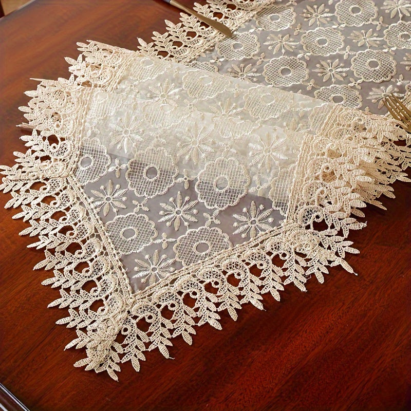 Polyester Table Runner with White Embroidery Flowers and Lace Edge for Dining or Room Decor