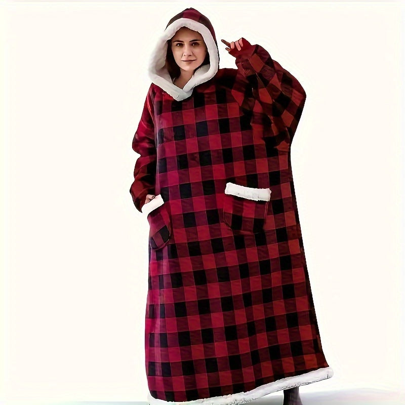 Kattalashtirilgan Plaid Flannel Blanket Hoodie juftliklar uchun Raqamli Octopus bosimi, dog'ga chidamli polyester