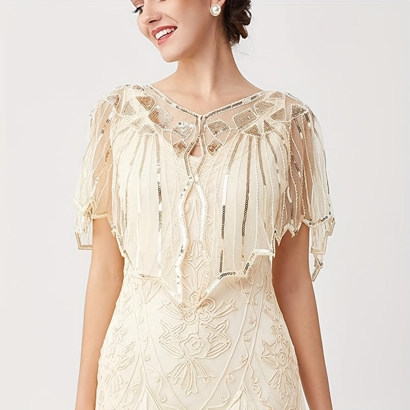 Beaded Sequin Embellished Evening Cape with Shawl for Bridal and Formal Wear