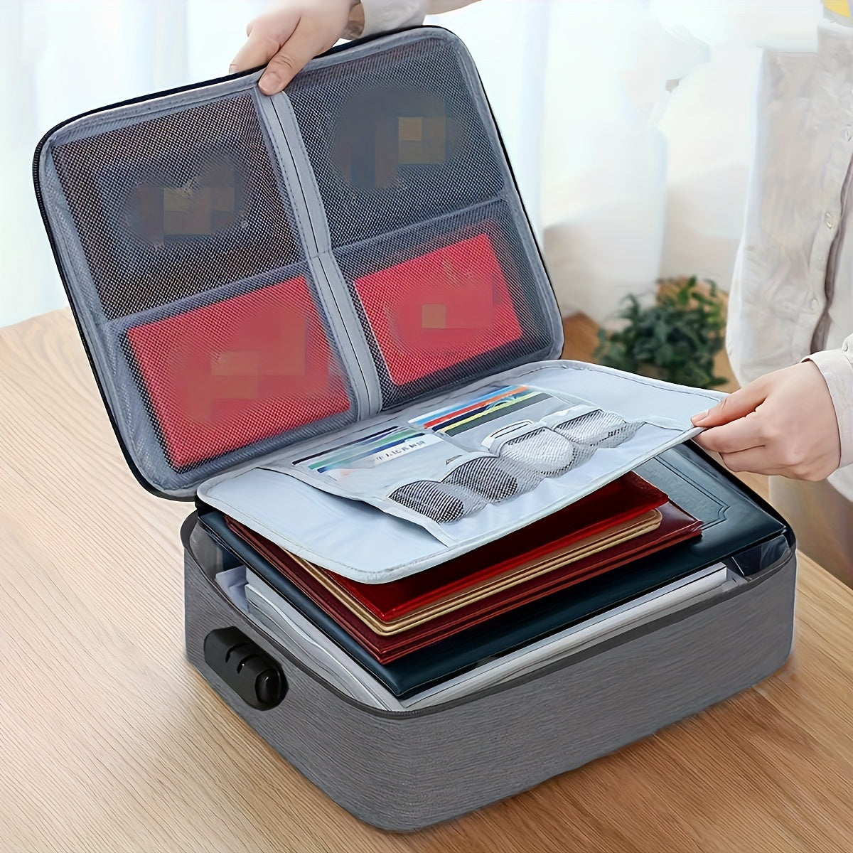 Document Organizer with Combination Lock Water-Resistant Zipper 3-Layer File Storage Portable Laptop Files Certificates