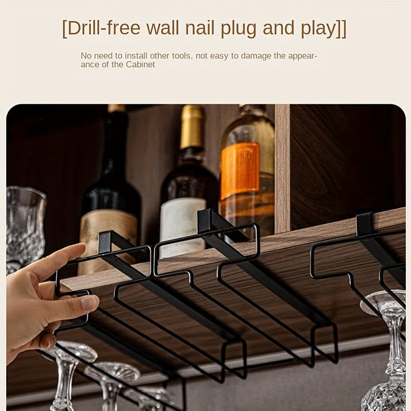 Black Metal Hanging Wine Glass Rack No-Drill Under Cabinet Stemware Organizer