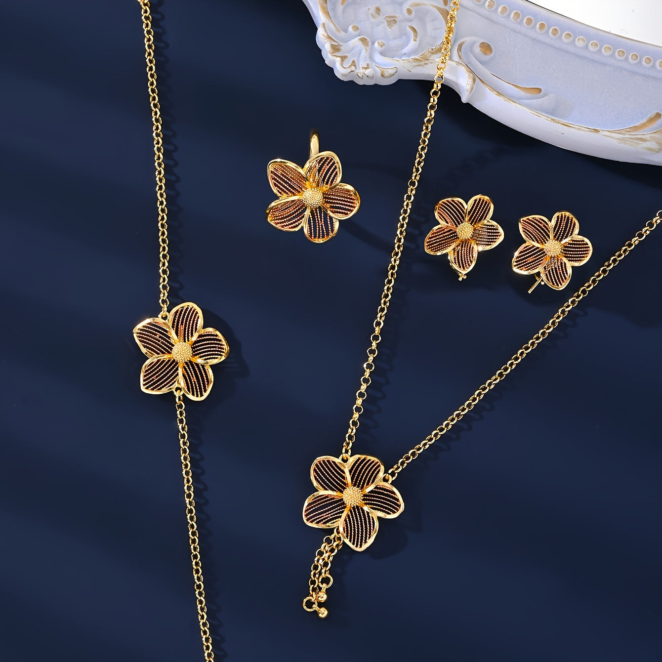 Copper Jewelry Set for Women Vintage Style Necklace Bracelet Ring Earrings Wedding Gift