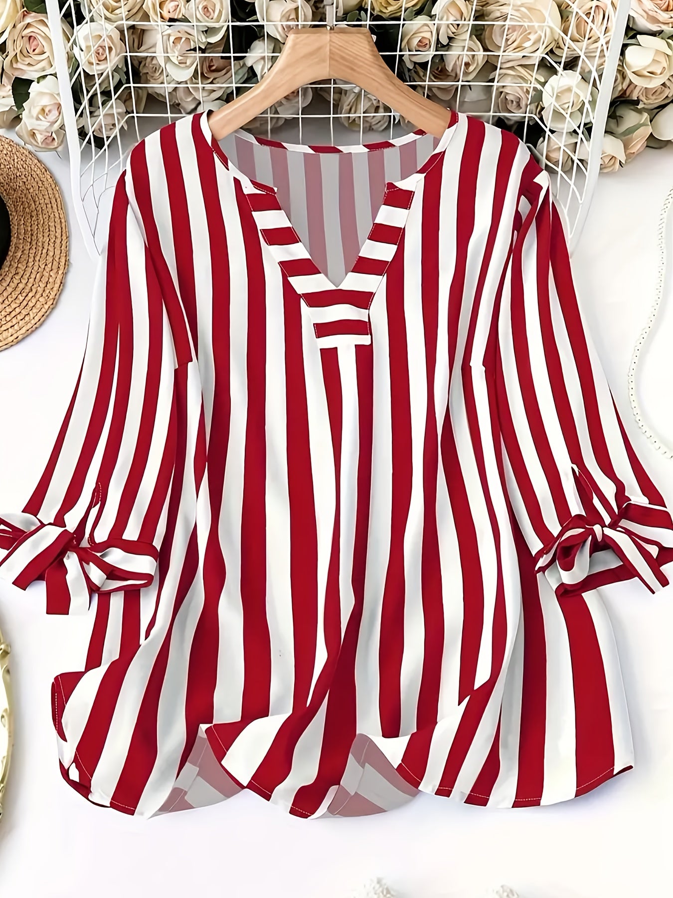 Women's Plus Size V-Neck T-Shirt with Stripes and Ruffled Sleeves