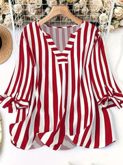 Women's Plus Size V-Neck T-Shirt with Stripes and Ruffled Sleeves