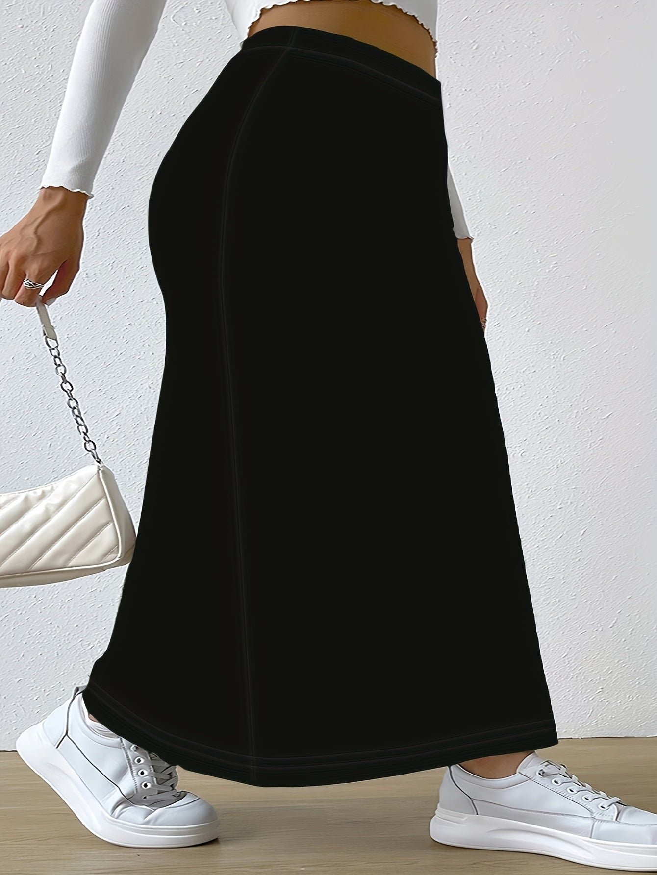 Plus Size Women’s High-Waisted Stretch Skirt Solid Color Fall Summer Dress