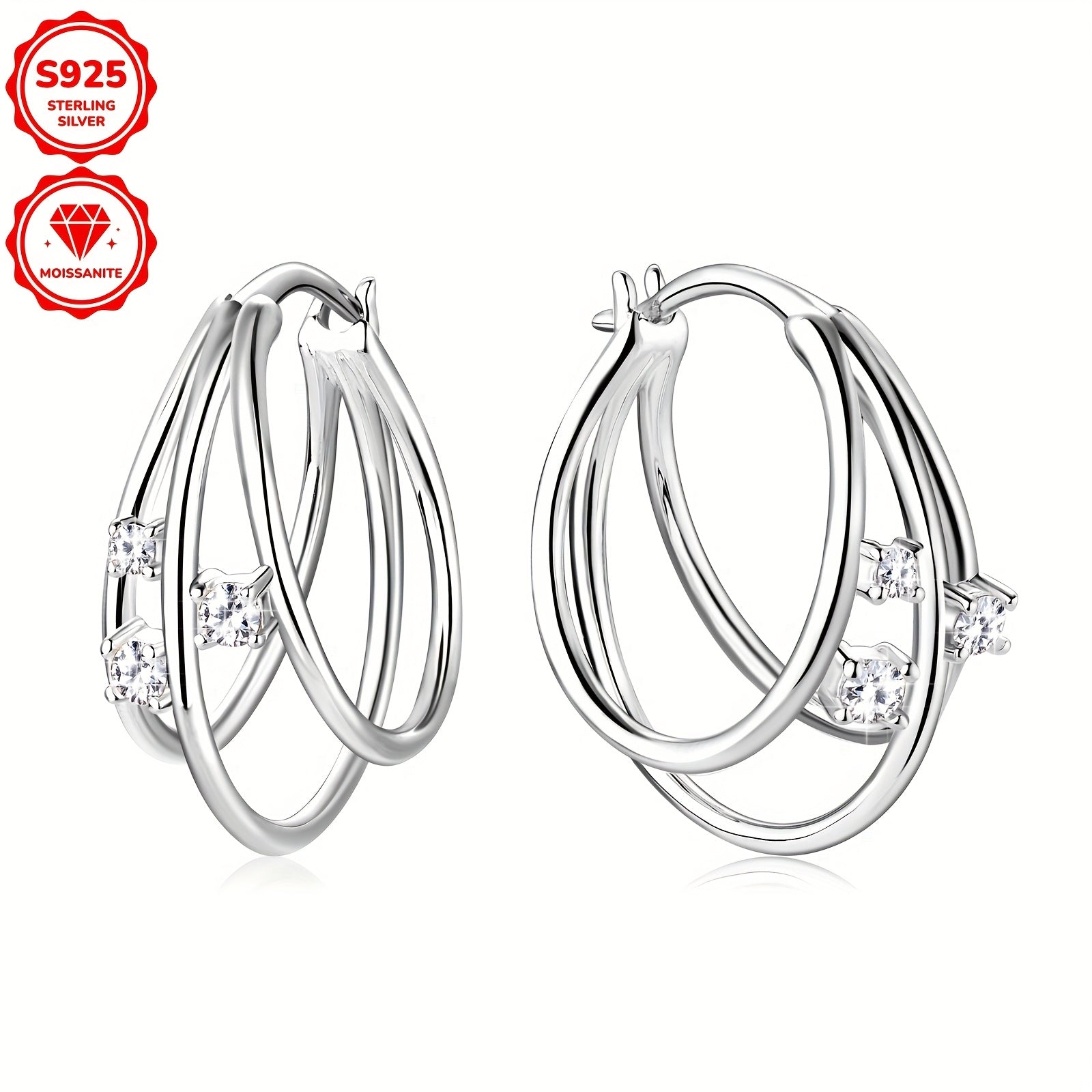 Sterling Silver Women's Hoop Earrings with Moissanite 3 Pairs 2mm 1.5mm