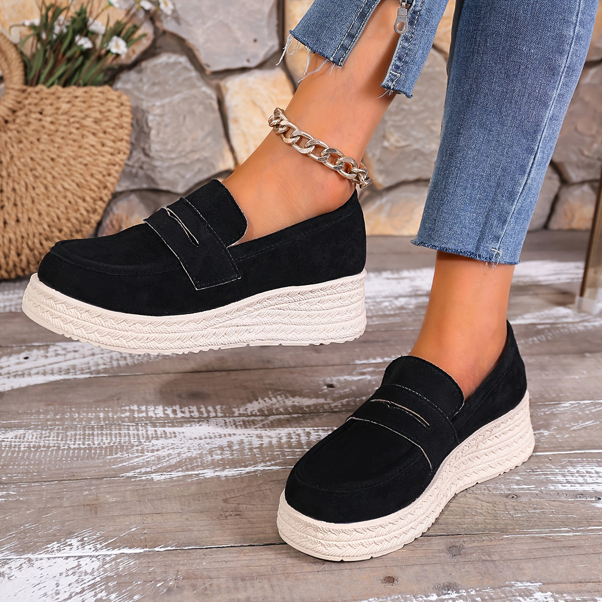 Women's Slip-On Sneakers Black Beige Cushioned Platform All-Season