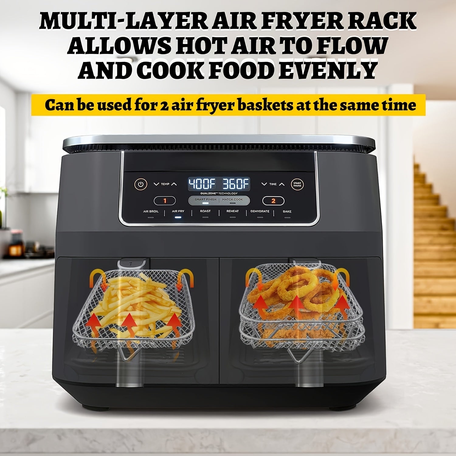 Stainless Steel Air Fryer Rack with 3 Dehydrator Layers for Double Basket Air Fryers