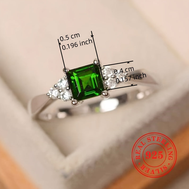 Sterling Silver Ring with Square Synthetic Emerald 0.08oz for Women Engagement Gift