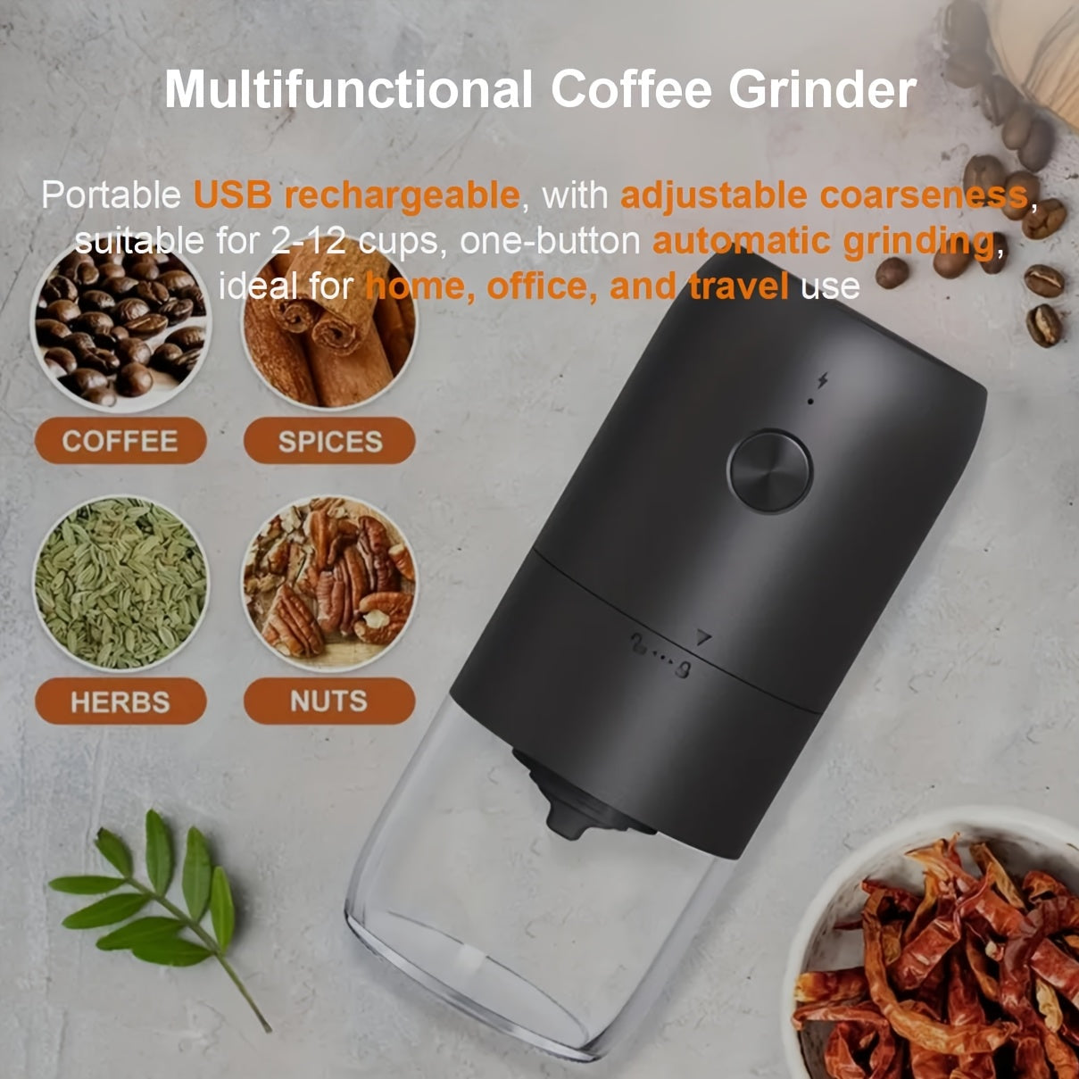 Qora rangdagi portativ USB qayta zaryadlanadigan qahva maydalagich, shisha bankasi bilan. Qahva donlari va ziravorlar uchun sozlanadigan maydalash o'lchami. Uy, ofis va sayohat uchun ideal. Ko'p funksiyali ziravorlar