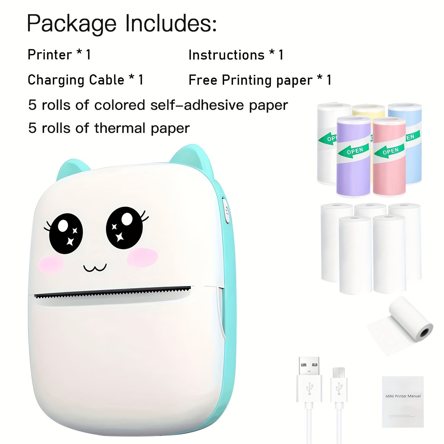 Portable Mini Thermal Printer with 10 Rolls Wireless USB Charging for Notes Receipts Labels
