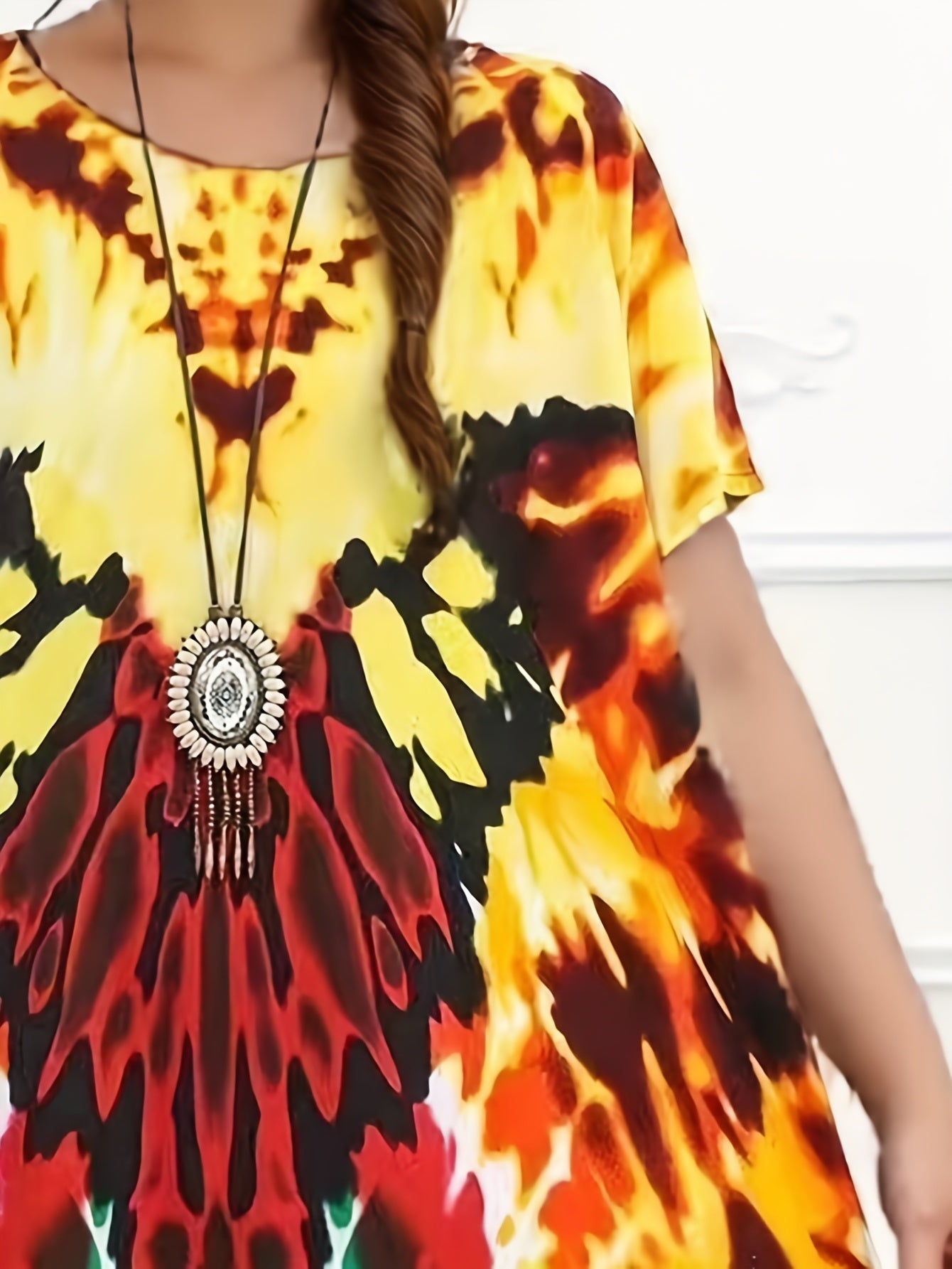 Plus Size Summer Round Neck Print Short Sleeve Dress Casual Beach Cover-Up