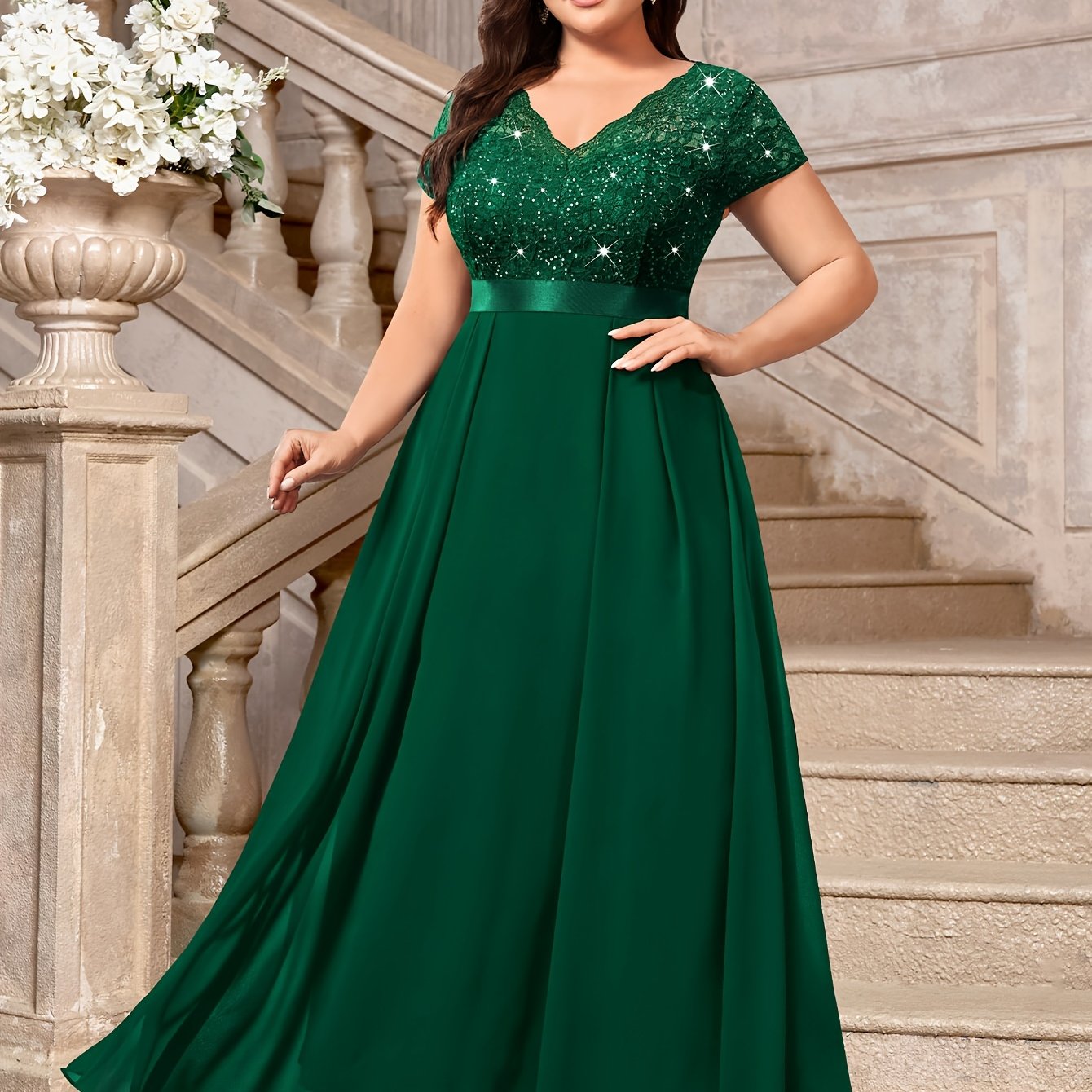 Plus Size Women's Long Lace Dress V-Neck Short Sleeves Floor-Length Spring Summer