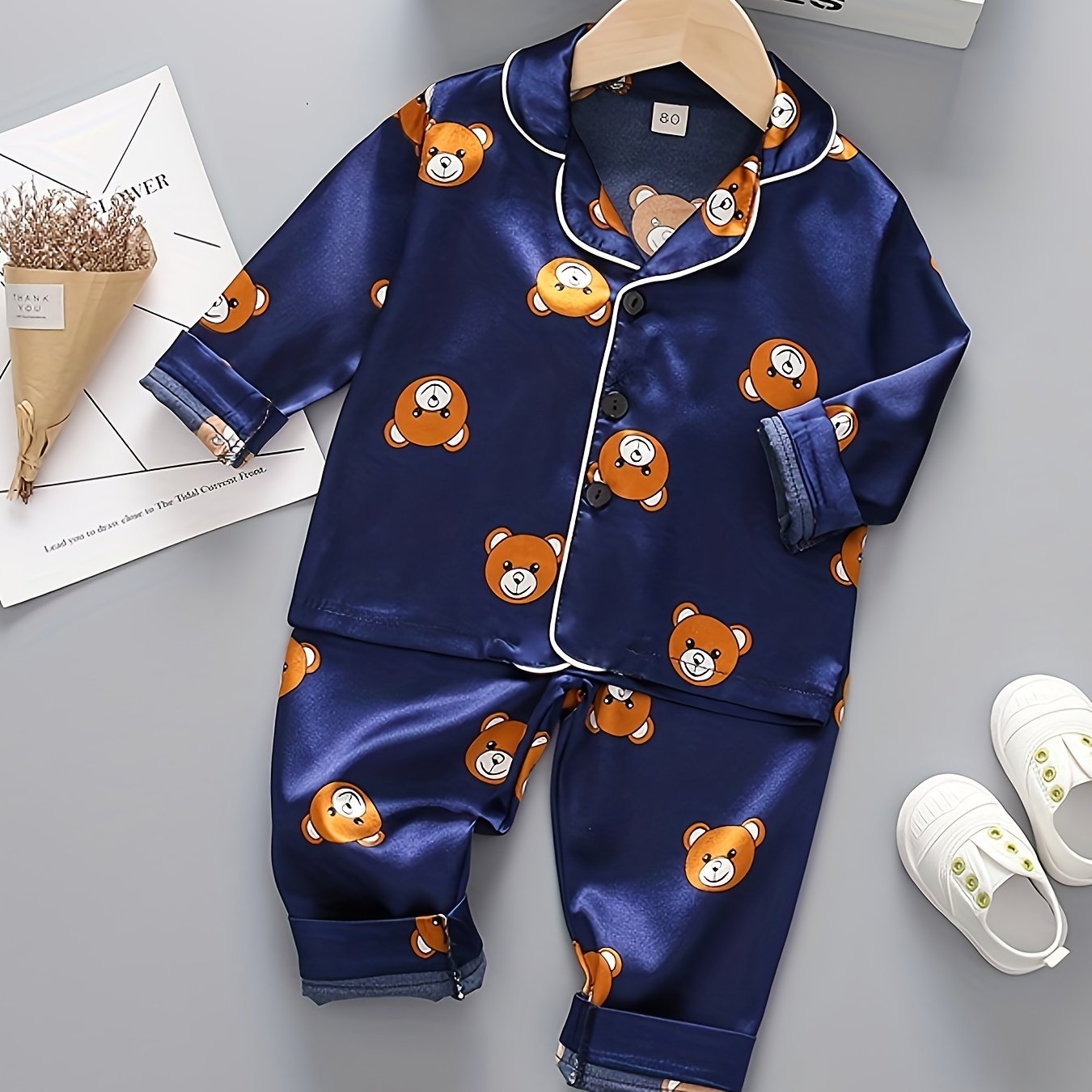 Kids Long Sleeve Cartoon Bear Pajamas Set Satin Casual Spring Fall