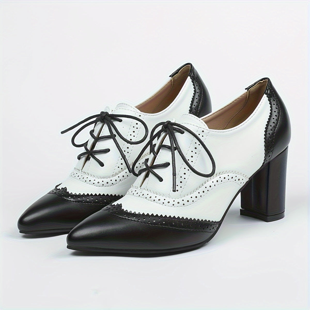 Women's Lace-Up High Heels Black White Brown Pointed Toe Pumps