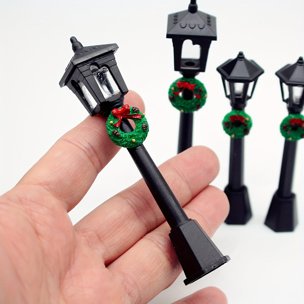 Miniature Christmas Lamp Posts with Wreaths Set of 3 Plastic Seasonal Figurines No Electricity