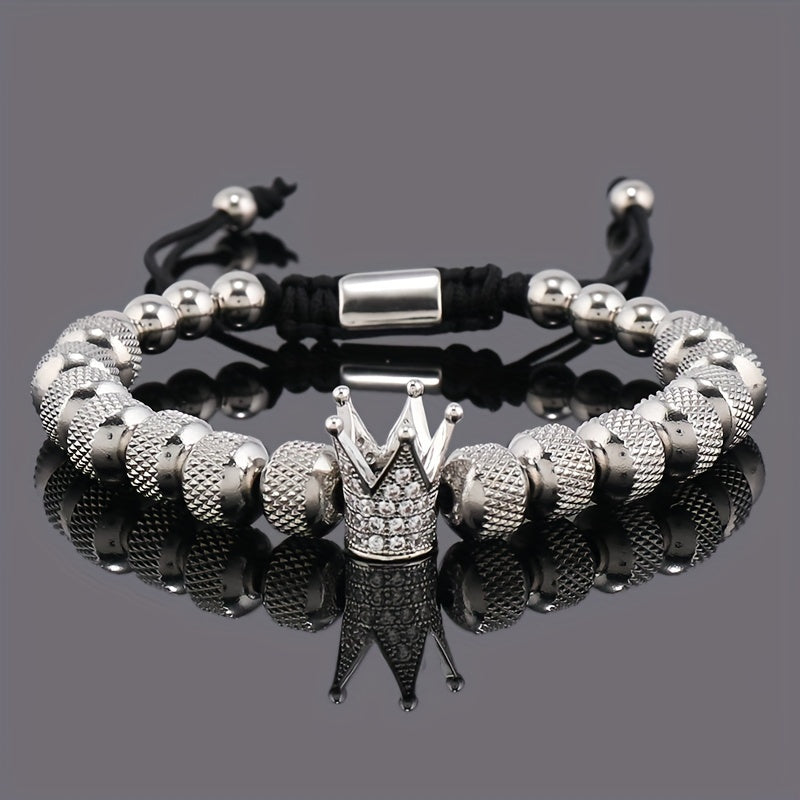 Luxury CZ Royal Golden Crown Beads Stainless Steel Men's Bracelet Jewelry Gift
