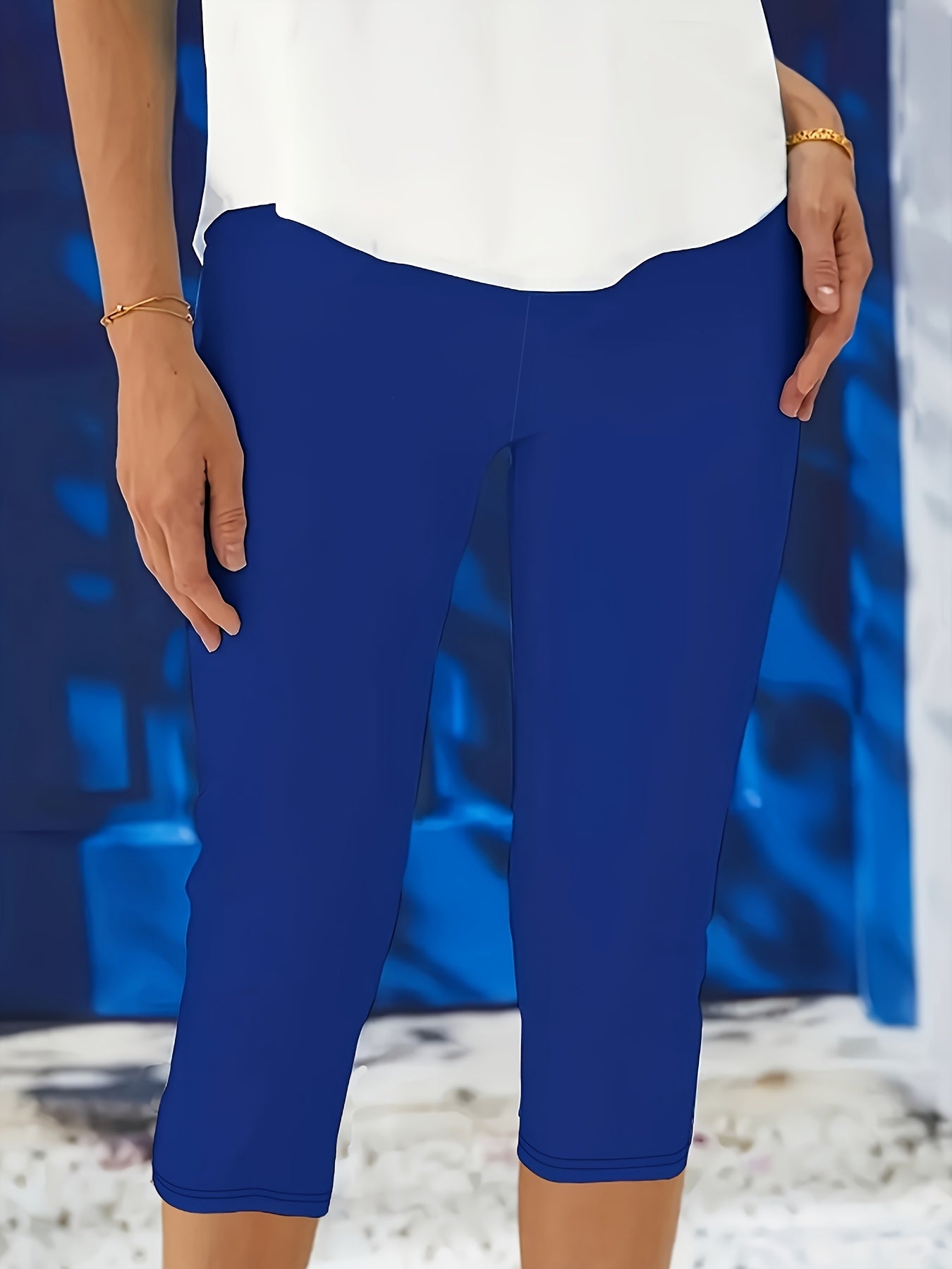 Plus Size Women's Three-Quarter Leggings Solid Color Elastic Waistband Set