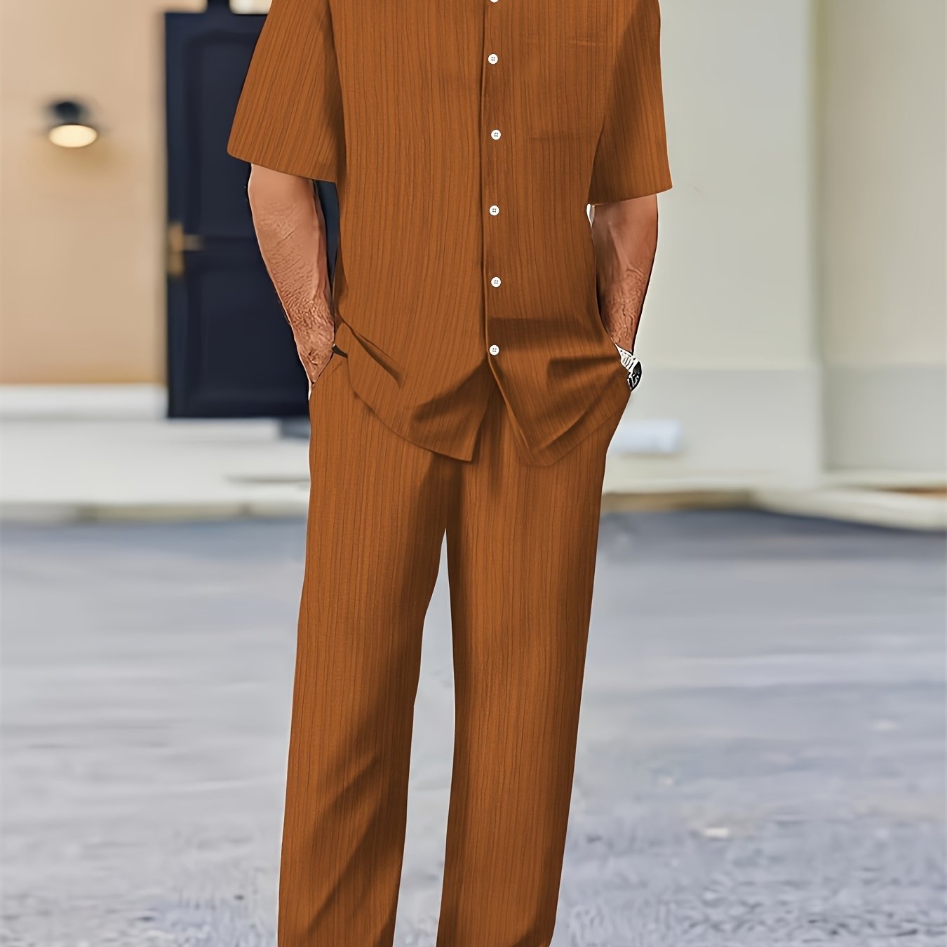 Men's Short Sleeve Striped Sweatsuit Set with Button Collar and Elastic Waist Pants Summer Woven Polyester Spandex