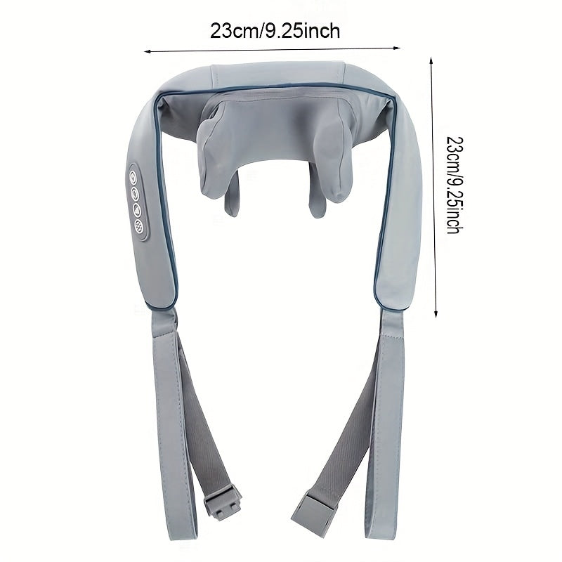 USB-перезаряжаемый массажер для шеи и плеч с шиацу, обёрнутый в серую ткань с синими акцентами, предназначен для облегчения шейного отдела позвоночника. Портативный домашний массажер для шеи и спины с элегантным дизайном.