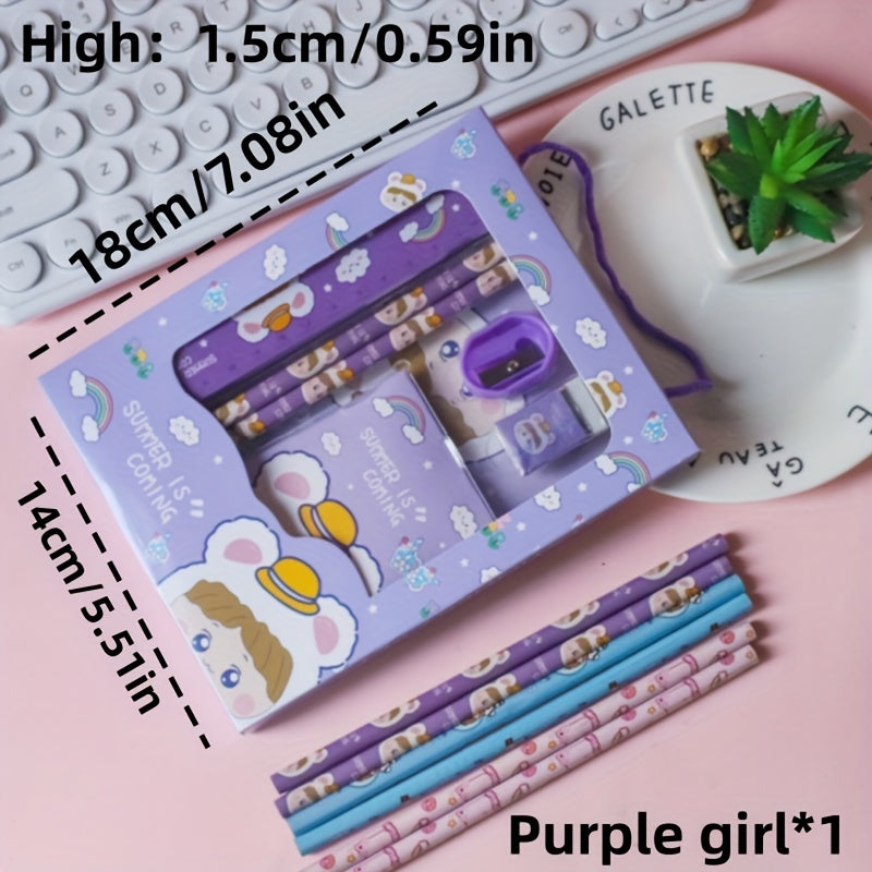 Cartoon Handheld Stationery Set for Students with 2 Pencils Ruler Eraser Notebook in 4 Colors