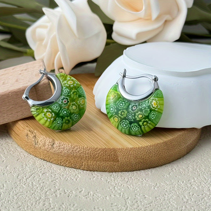Handcrafted Boho Glass Mosaic Drop Dangle Earrings Stainless Steel Floral Design