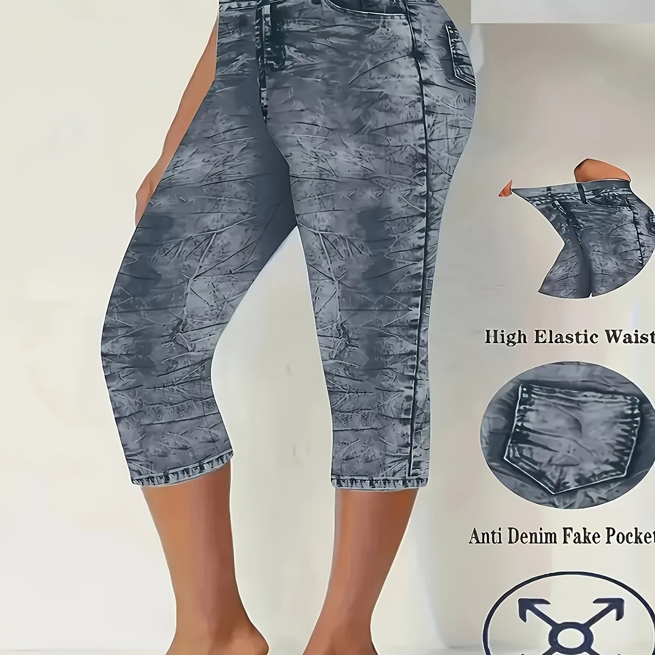 Women's High-Waisted Stretch Denim Capri Pants Floral Print Elastic Waist