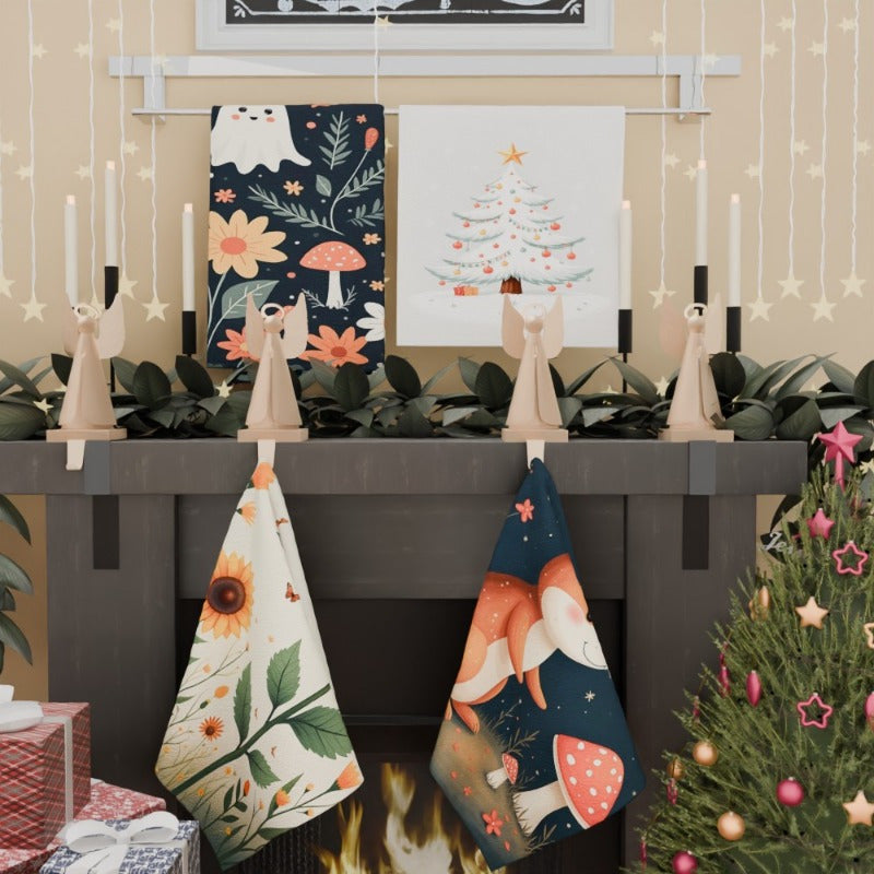 Set of 4 Winter Holiday Kitchen Towels 45x66 cm Snowmen Snowflakes Deer