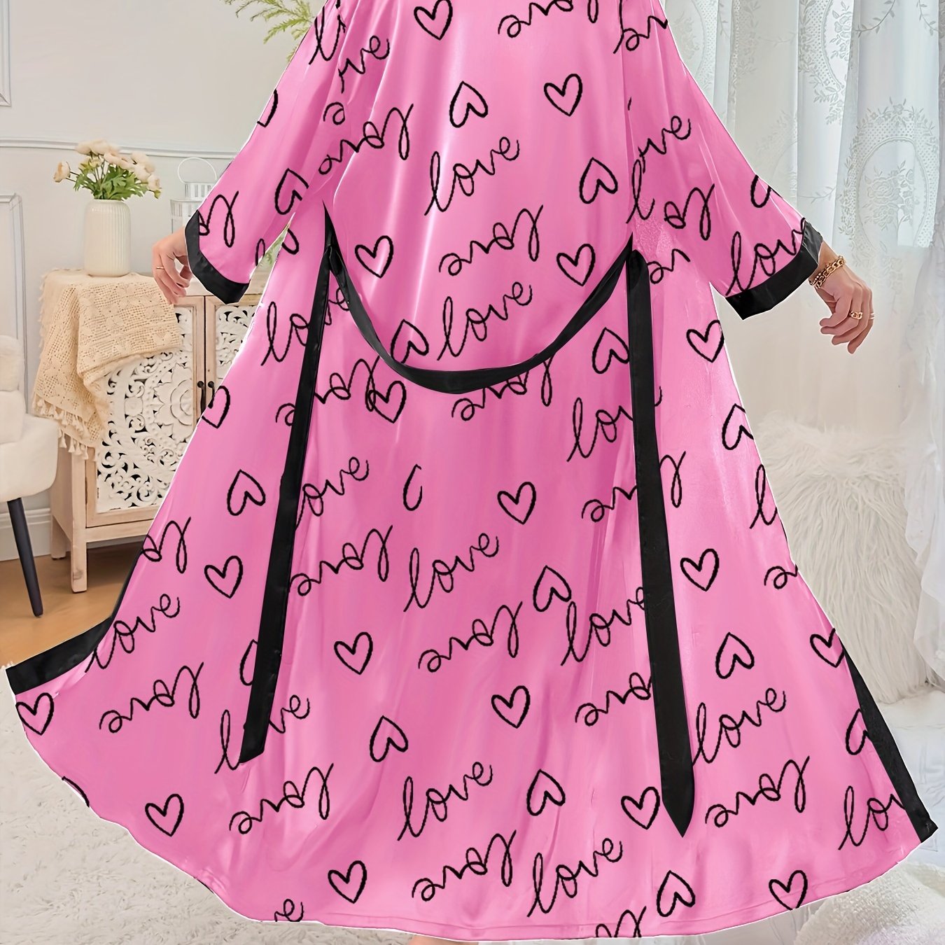 Plus Size Women's Pink Heart Print Casual Sleepwear Robe
