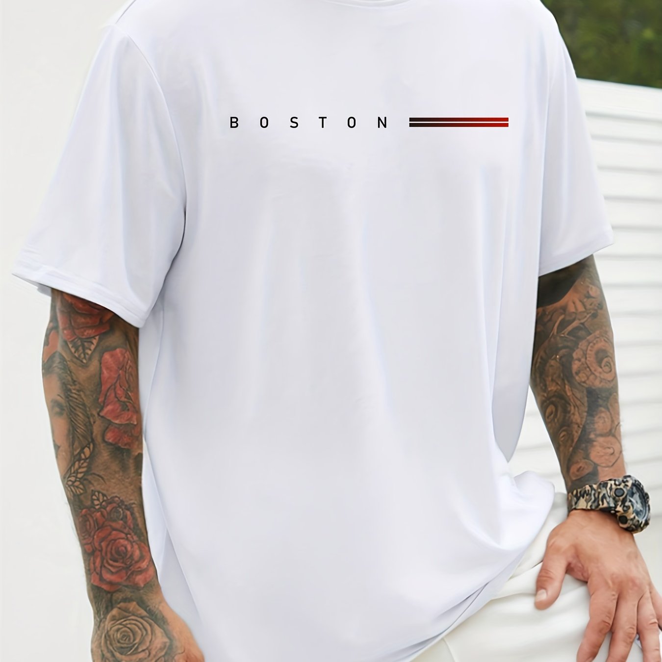 Men's Navy Blue Cotton Graphic T-Shirt with Red and White Stripes Casual Crew Neck Plus Size