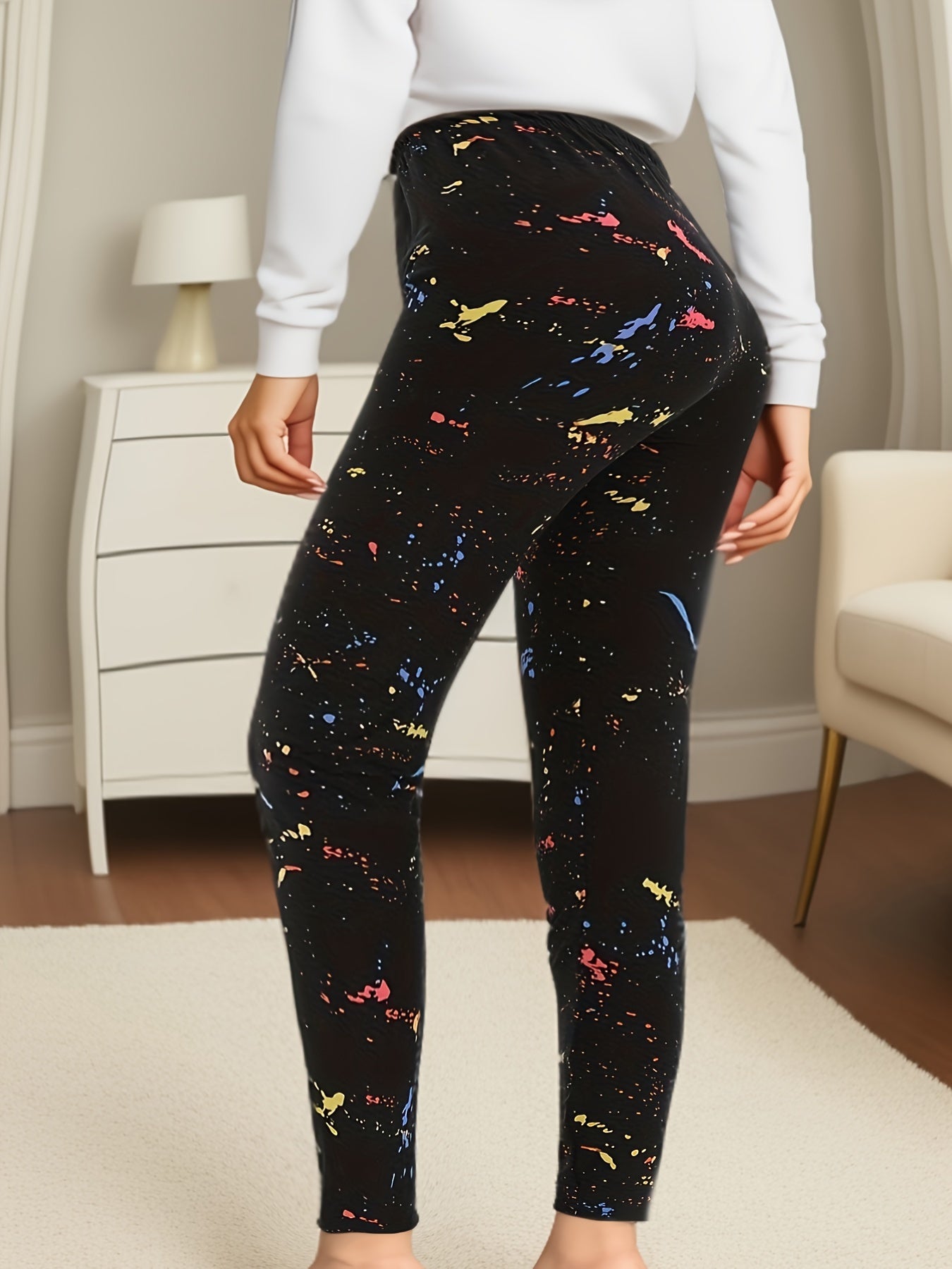 Plus Size Womens Black Graphic High Waist Leggings Breathable All-Season