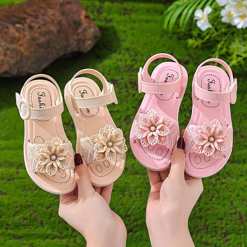 Girls' Floral Princess Shoes Summer 2025 PVC Flexible Sole Hook-and-Loop Pink Purple