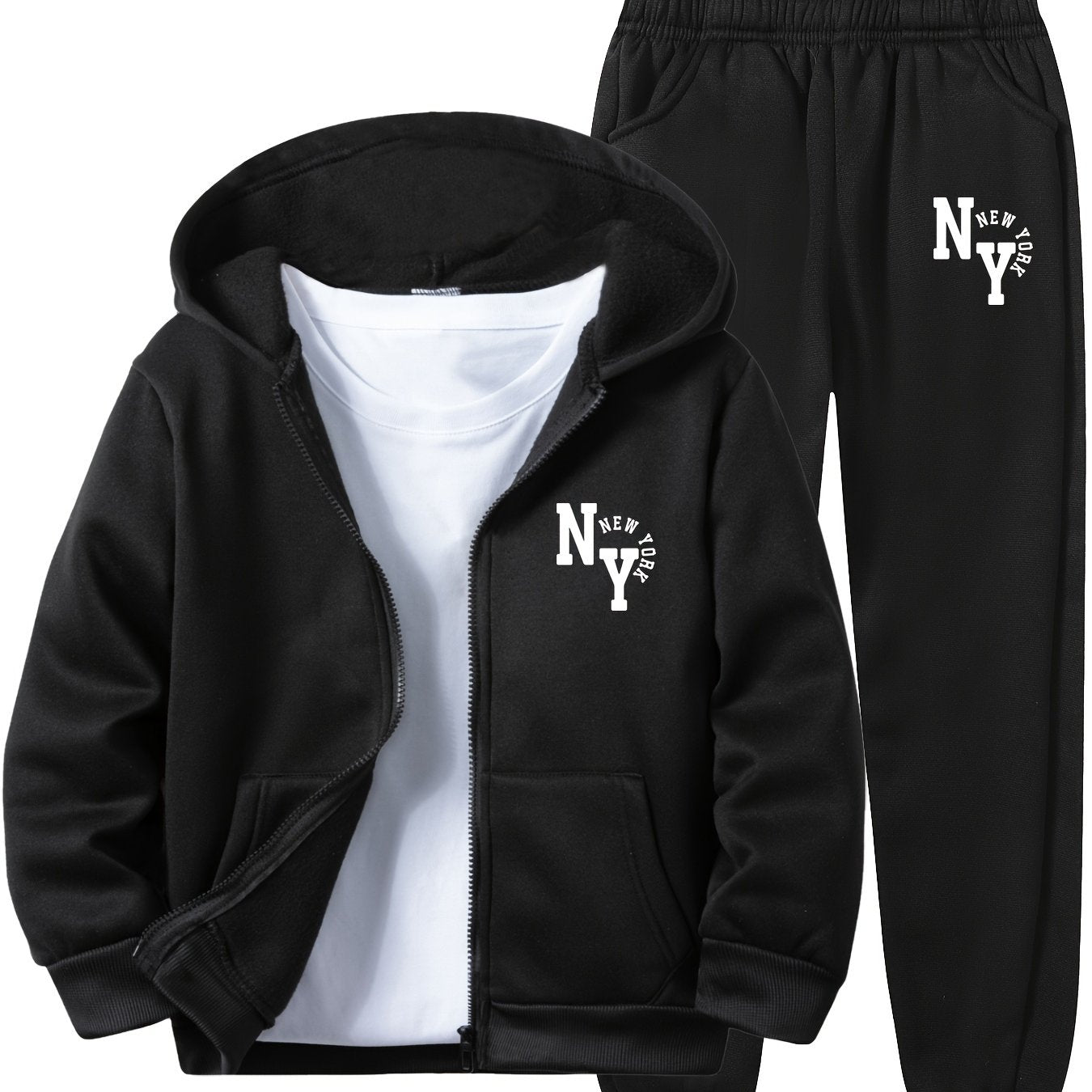 Boys Hoodie Set with New York Letter Print Long Sleeve Zip-Up Sports Jacket and Pants Fall Winter Casual