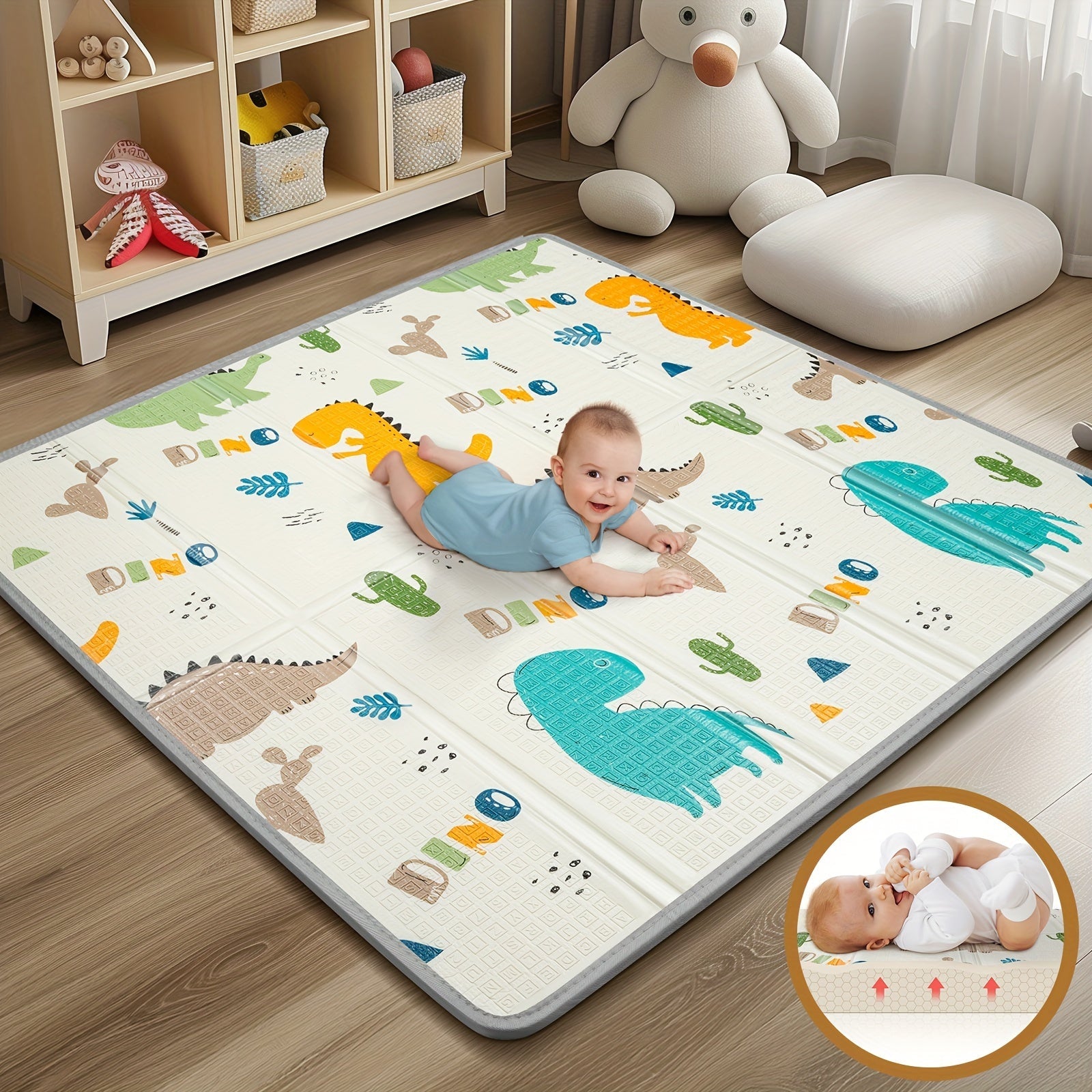 Reversible Play Mat with Dinosaur and Alphabet Patterns 127x127 cm Waterproof Non-Slip Foldable Indoor Floor Mat