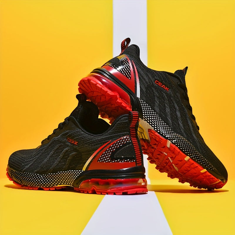 Usmonli qora va qizil erkaklar uchun plus o'lchamdagi sport yugurish poyafzallari, nafas oladigan to'qilgan yuqori qismi, mustahkam EVA/TPR tagligi va ochiq havoda, tasodifiy va yugurish faoliyatlari uchun qulay bog'ichli dizayni bilan.