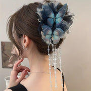 Stylish Blue and White Butterfly Tassel Hair Claw Boho Oversized Shark Clip
