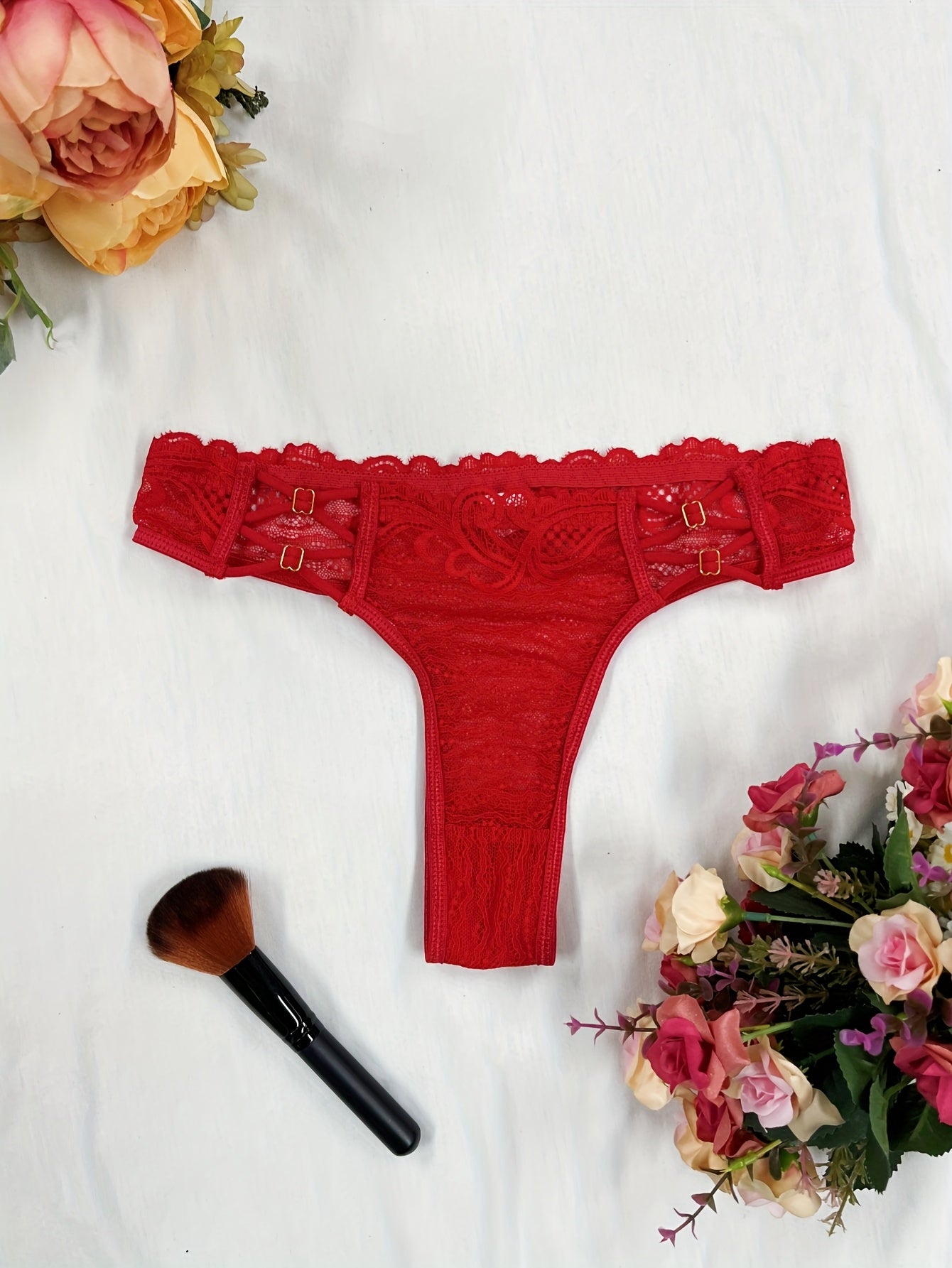 Women's Red Lace Thong Panties with Floral Pattern and Scalloped Trim