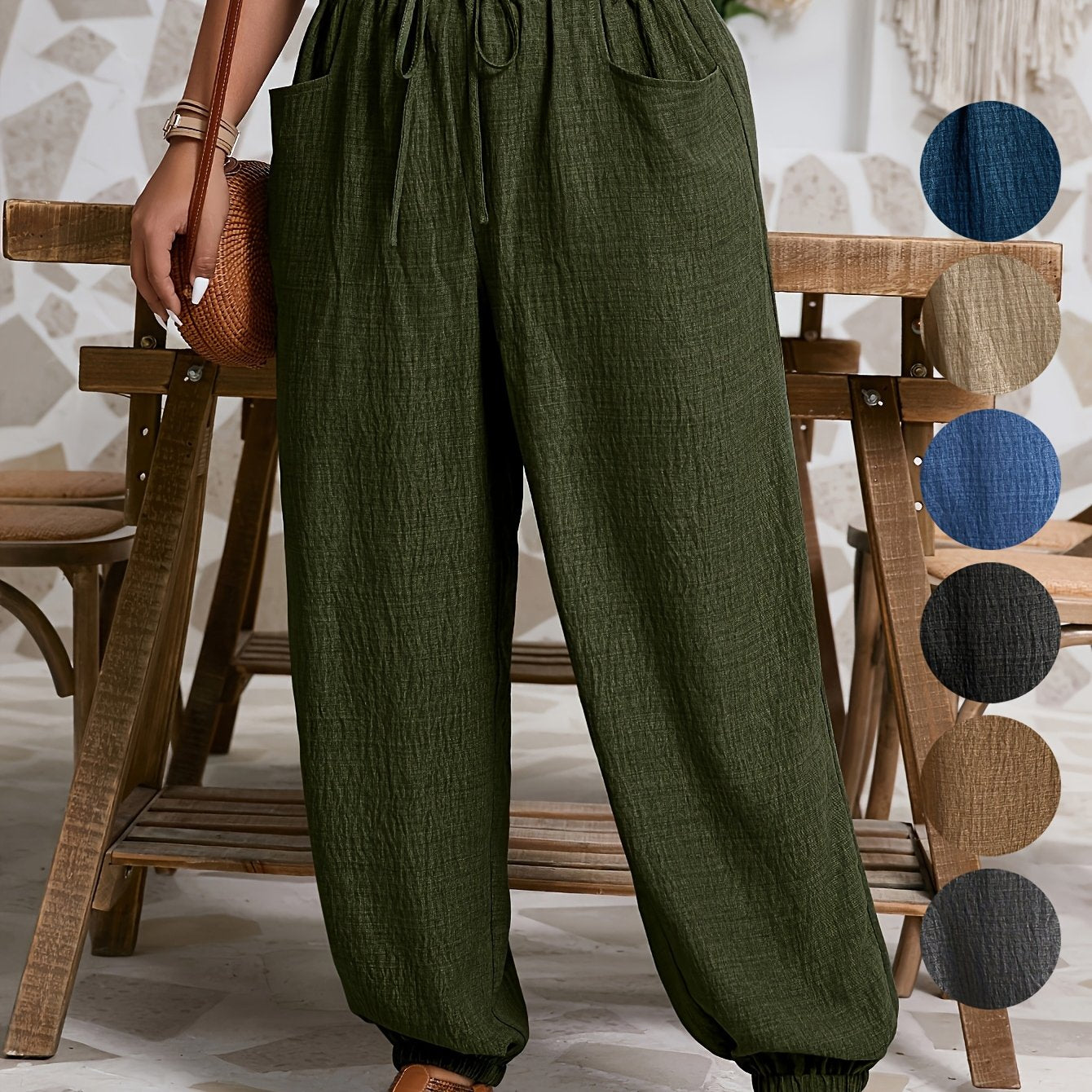 Women's Gray Harem Pants with Tie Waist and Ruffled Cuffs Polyester