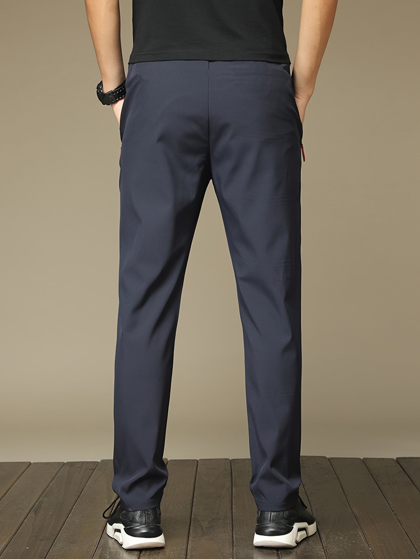 Men's Polyester Casual Joggers with Zipper Pockets Drawstring Waist in Black and Gray